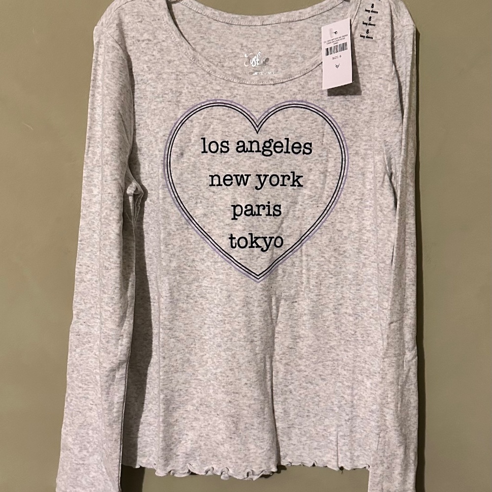 Girls Gray Long Sleeve Tshirt Size 6 NEW with Tag LA NY Paris Tokyo